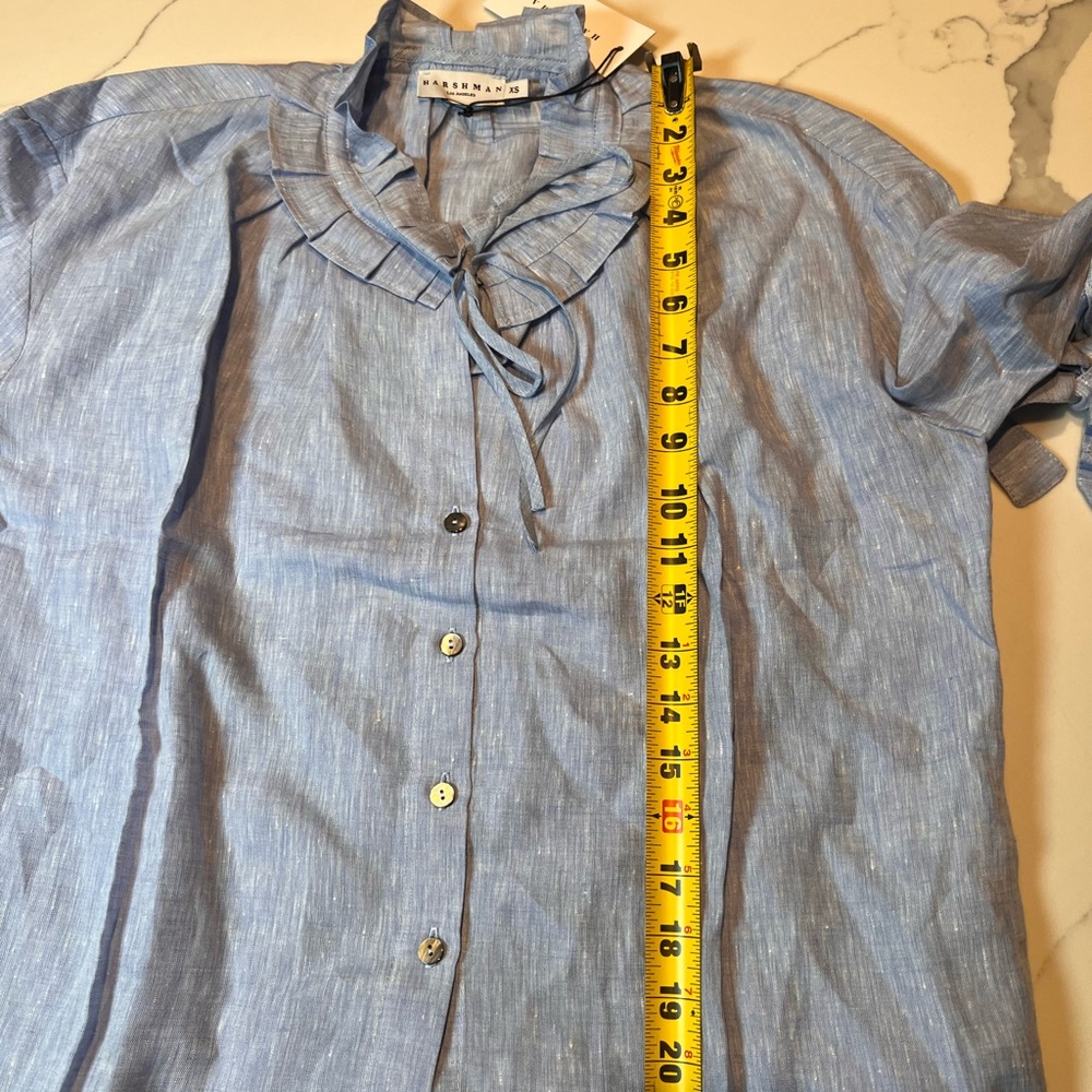 HARSHMAN X-S Linen Blue Striped Blouse with Ruffle Collar - Picture 8 of 8